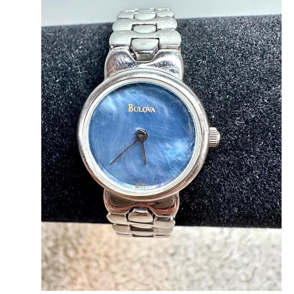Vintage Y2K Bulova Mother of Pearl Blue Dial Quartz Watch SS Bracelet Runs 6"